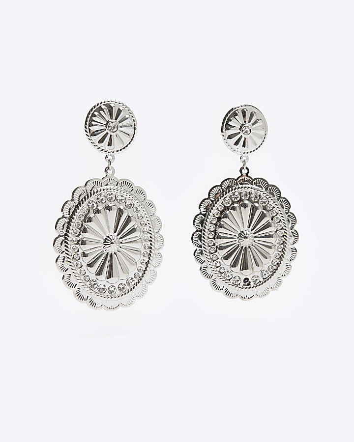 Silver Textured Disc Drop Earrings