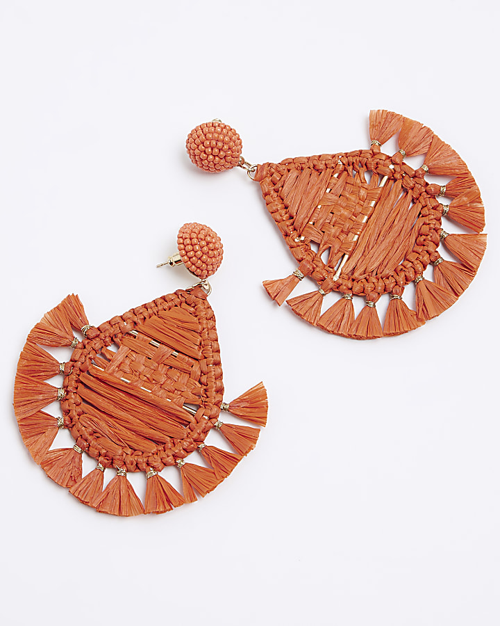 Orange Raffia Tassel Drop Earrings