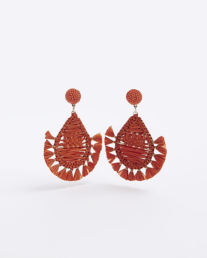 Orange Raffia Tassel Drop Earrings