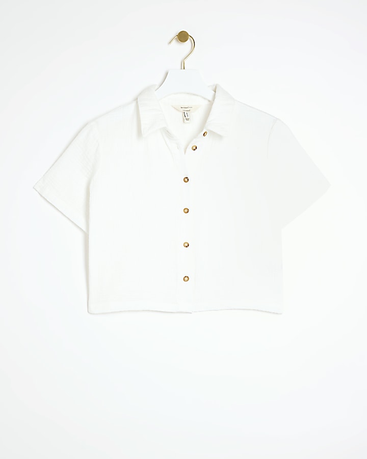 Petite white textured crop shirt