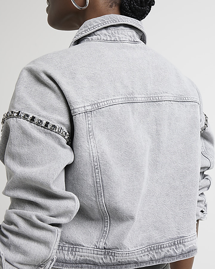 Grey embellished denim jacket