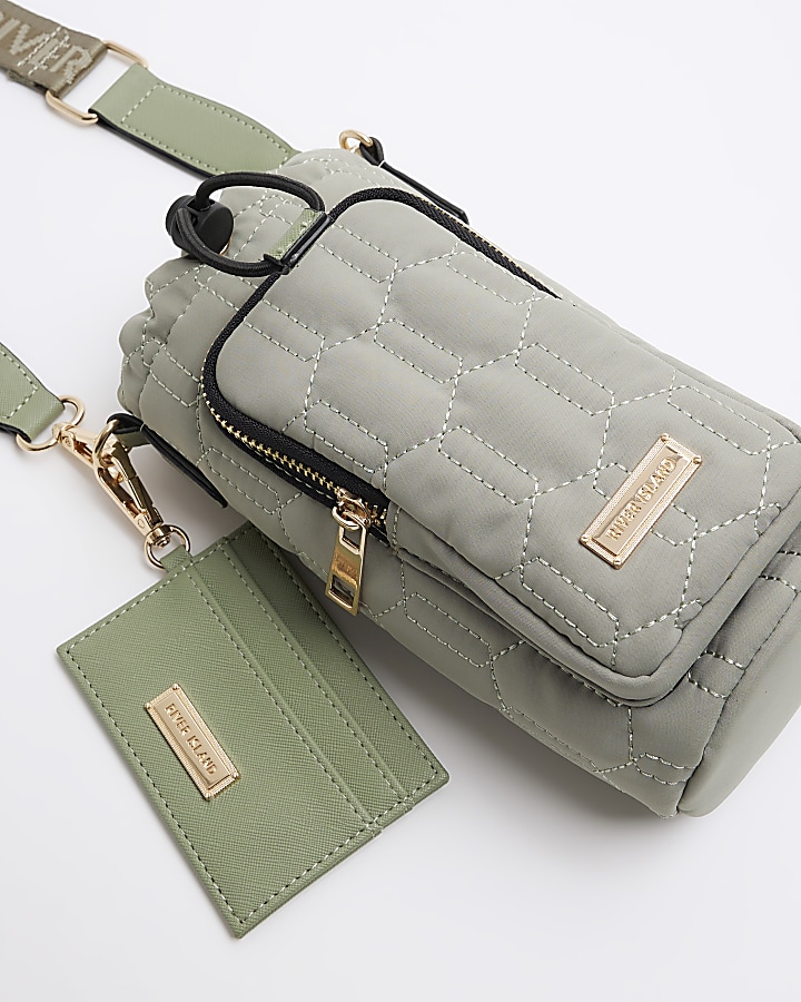 Green quilted bottle holder bag River Island