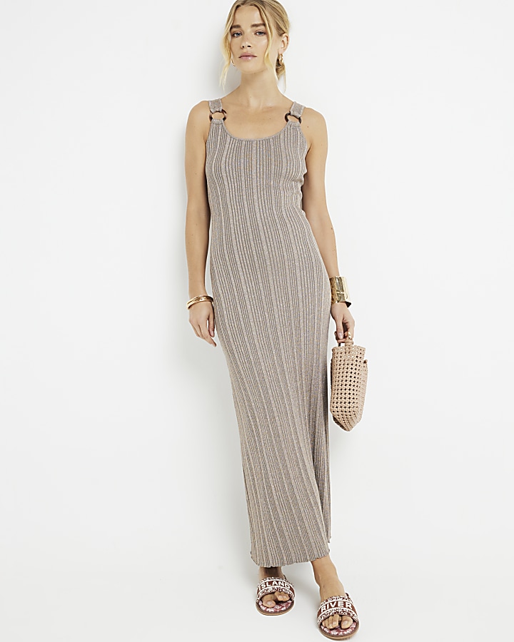 Bronze ribbed metallic bodycon maxi dress | River Island