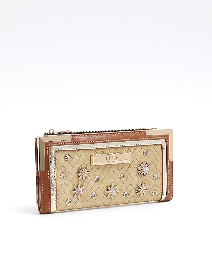 Beige embellished weave purse