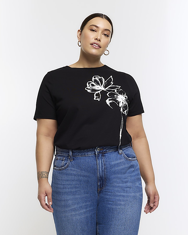 Plus black floral graphic t-shirt