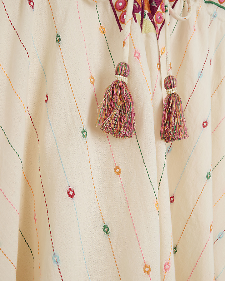 Cream embroidered plunge mini dress