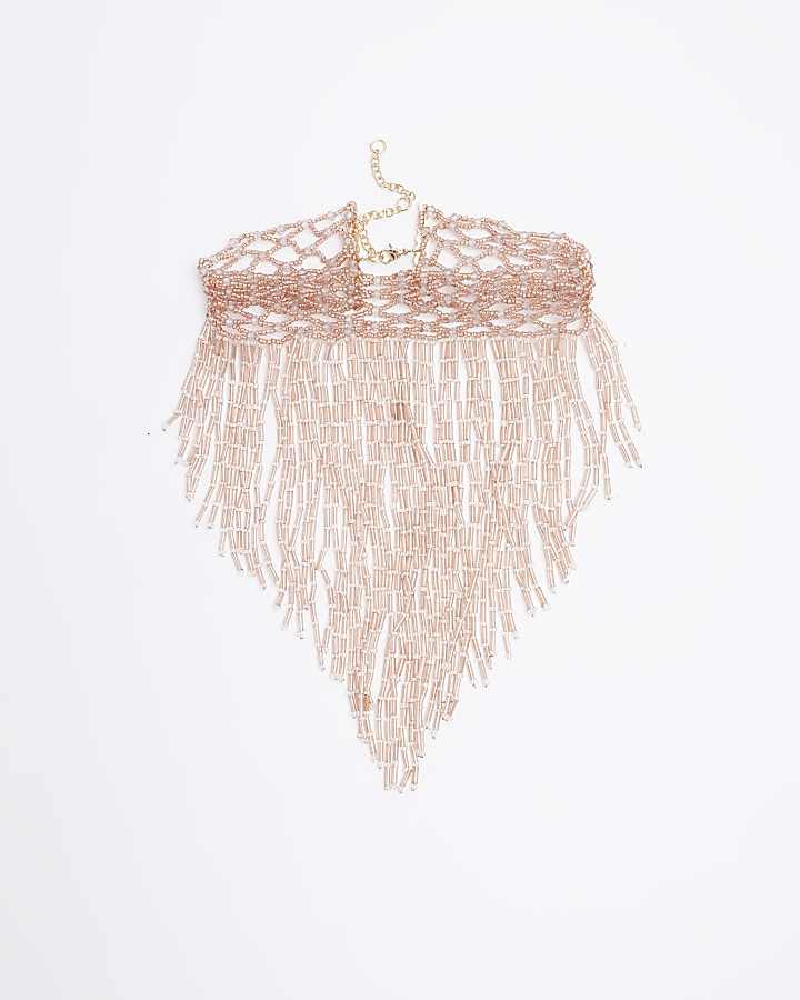 Pink beaded fringe collar necklace