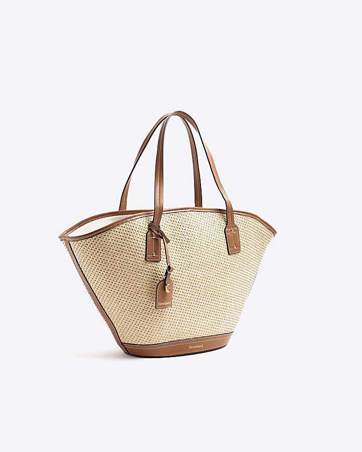 Brown Raffia Lace Up Tote Bag