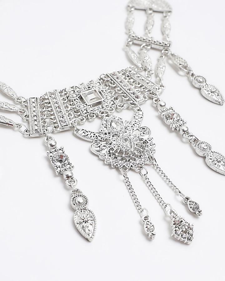 Silver Diamante Drop Choker Necklace