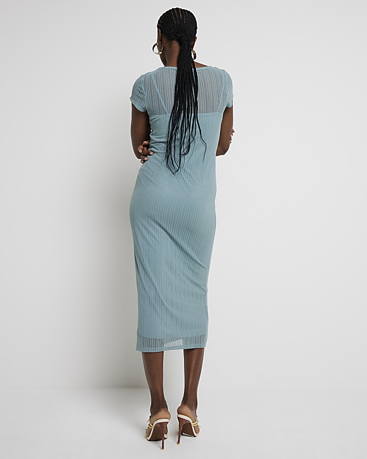 Blue Mesh Stripe Bodycon Midi Dress