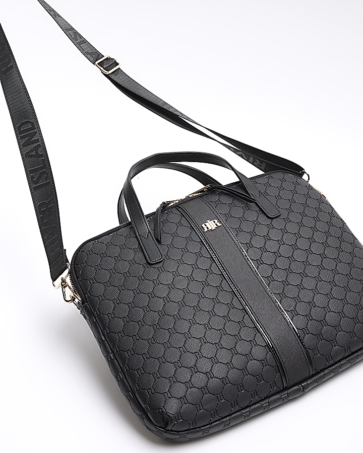 Black embossed RI monogram laptop bag River Island