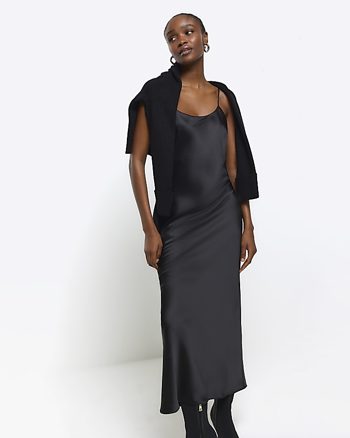 Black satin high neck hybrid maxi dress