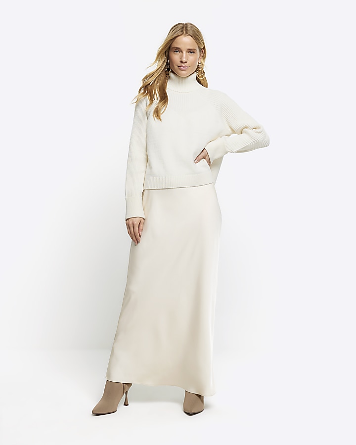 Cream satin high neck hybrid maxi dress | River Island