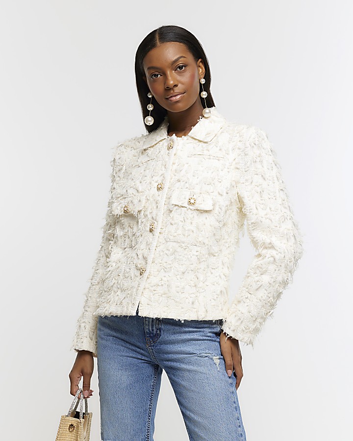 Cream textured crop trophy jacket | River Island