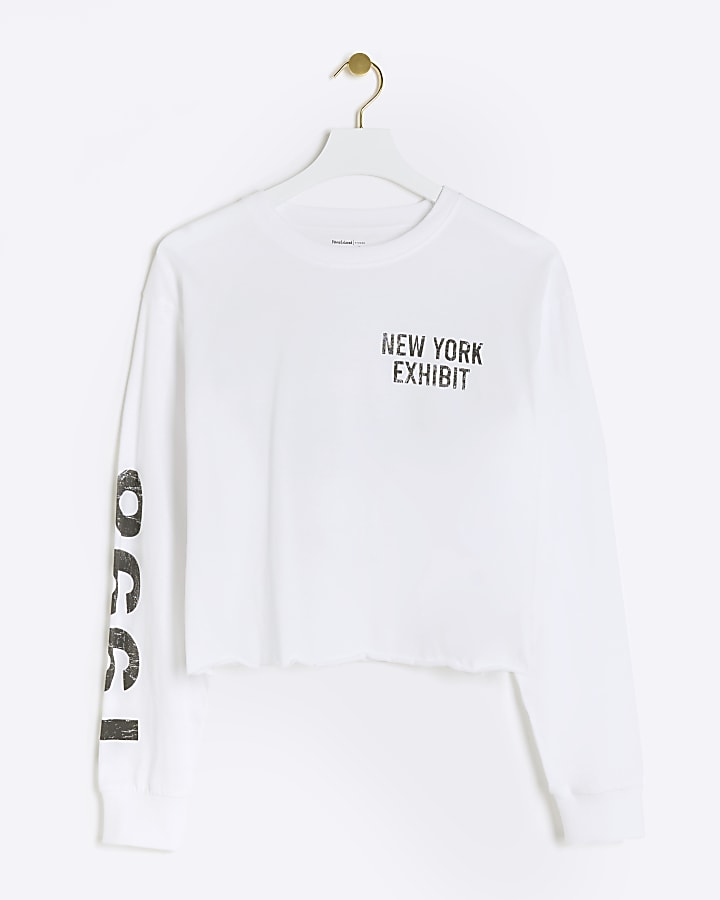 White New York crop long sleeve t-shirt