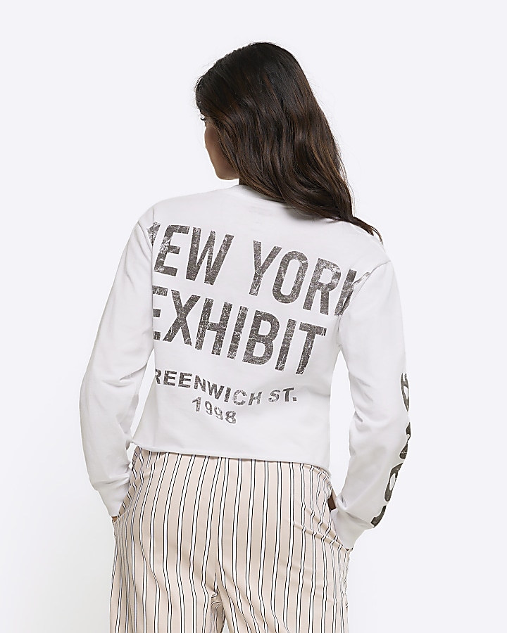 White New York crop long sleeve tshirt River Island