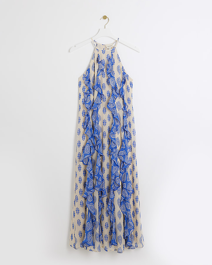 Petite blue Geometric Frill Smock Maxi Dress