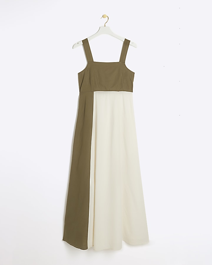 Khaki Linen Blend Smock Maxi Dress