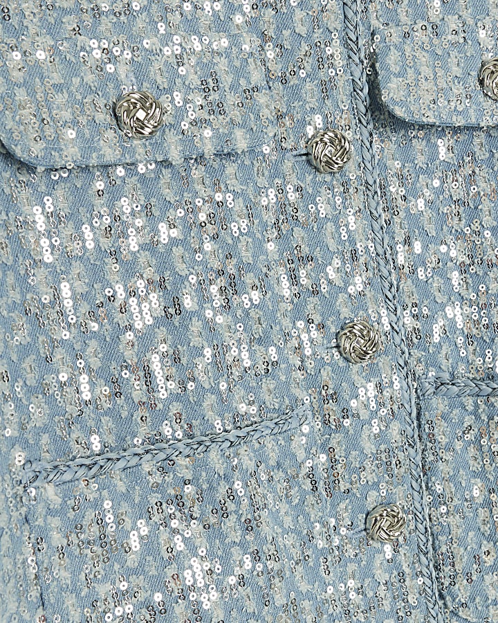 Petite blue denim sequin detail trophy jacket