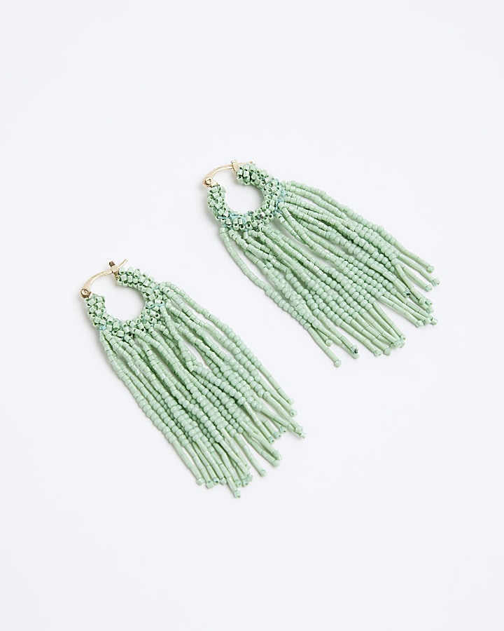 Green Beaded Tassel Drop Earrings