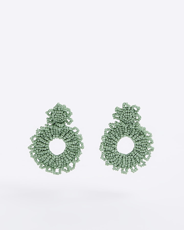 Green Beaded Open Circle Earrings