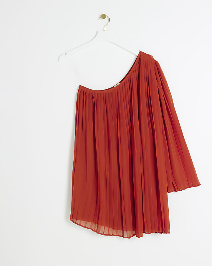 Red plisse one shoulder shift mini dress