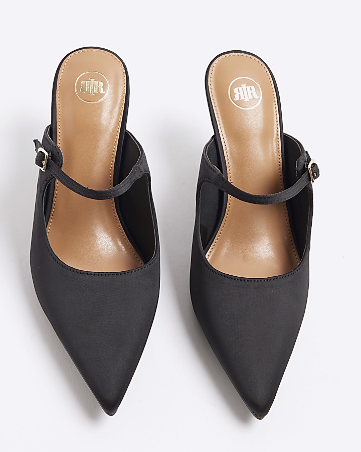 Black satin mary jane heeled mule shoes