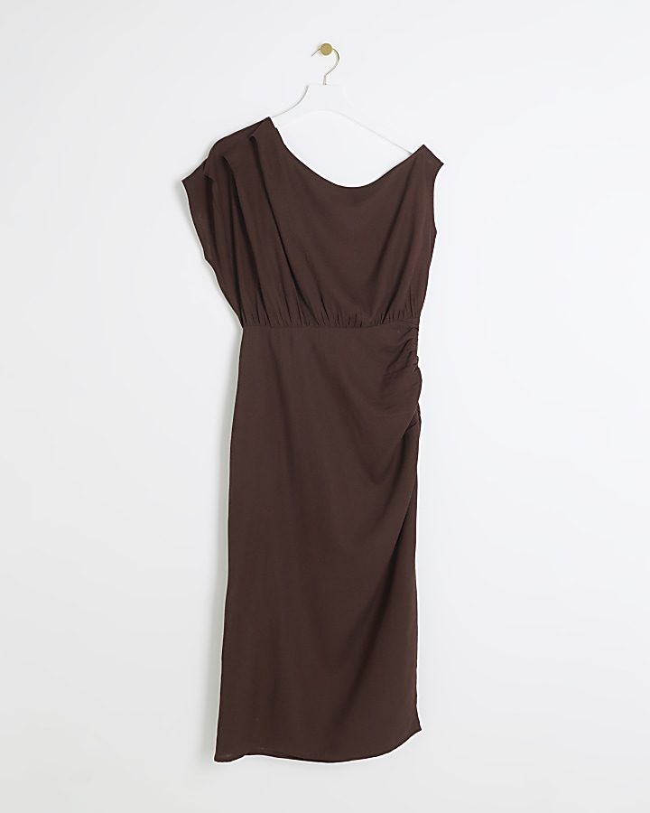 Brown linen blend ruched bodycon midi dress