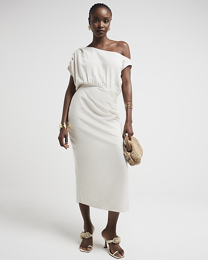 Cream linen blend ruched bodycon midi dress