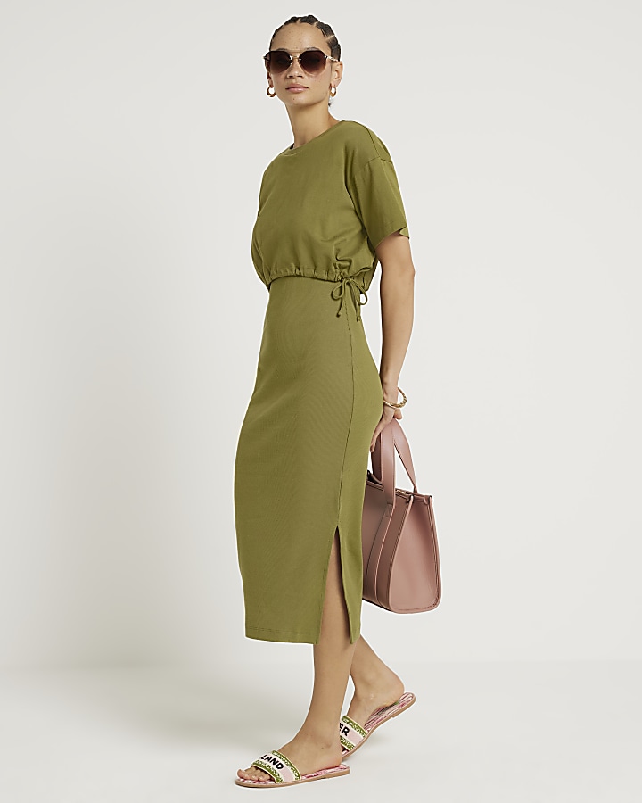 Khaki tie side layered t-shirt midi dress