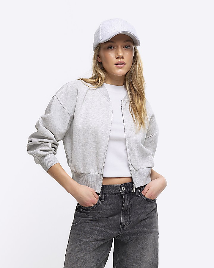 Petite Grey cropped bomber jacket River Island
