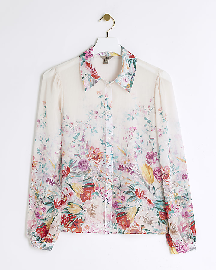 Pink chiffon floral long sleeve shirt