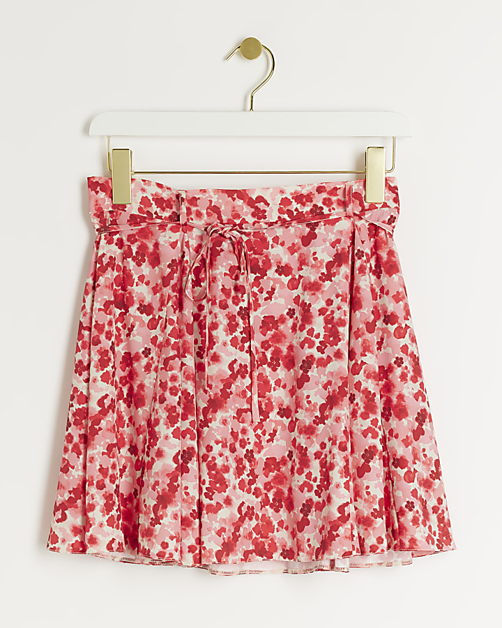 Red abstract floral mini skirt