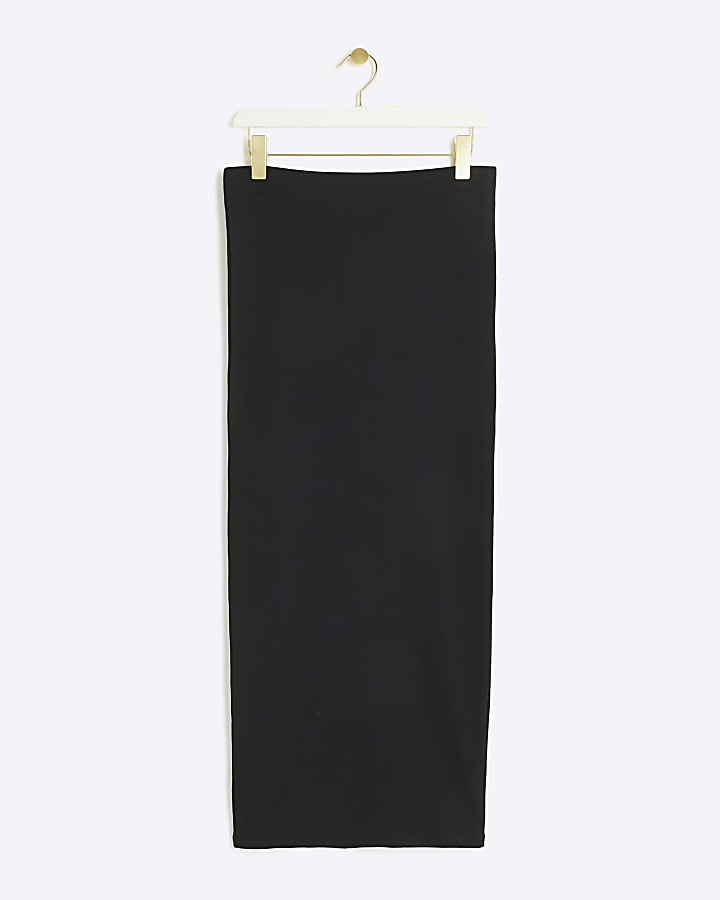 Black Rib Pencil Midi Skirt