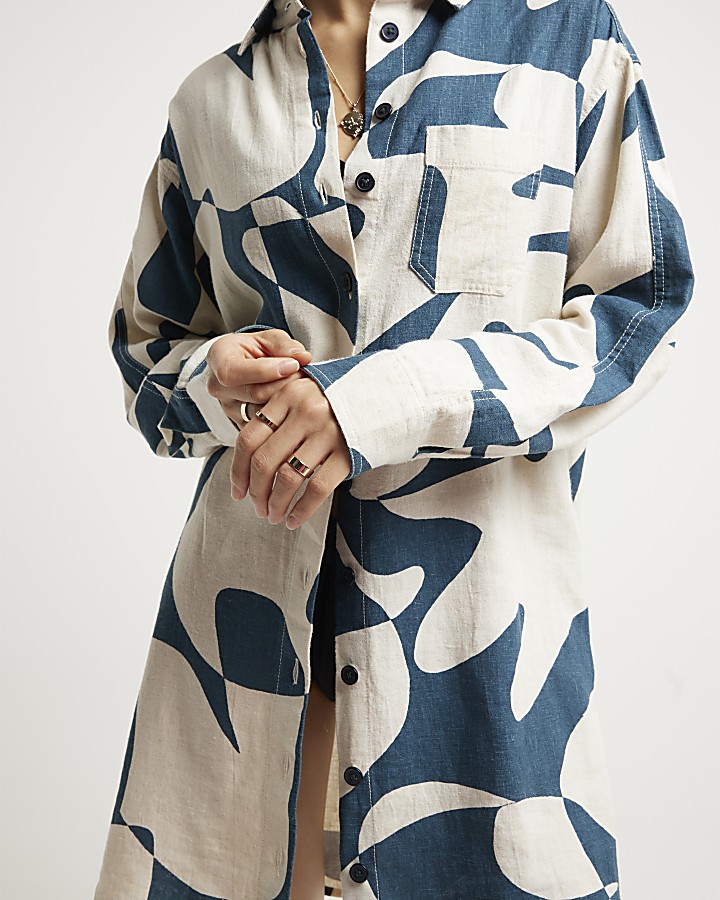 Blue linen blend abstract mini shirt dress