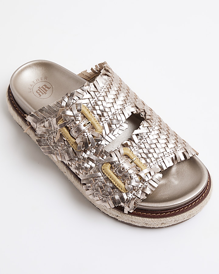 Rose gold leather woven buckle sandals