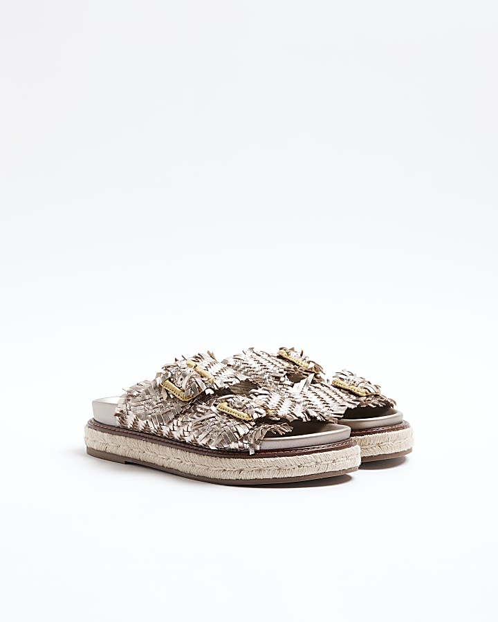 Rose gold leather woven buckle sandals