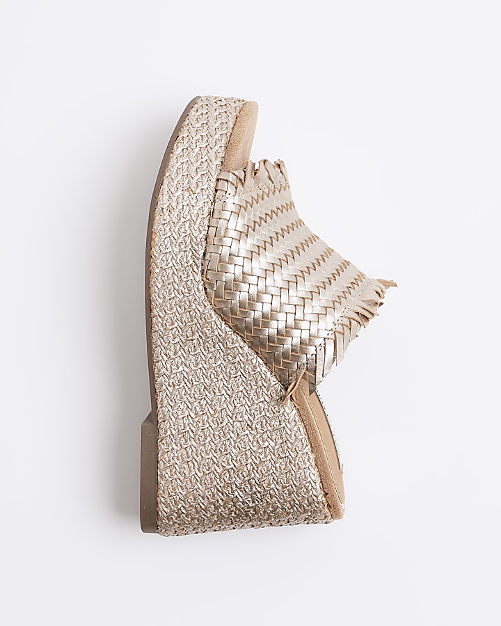 Bronze leather woven wedge sandals