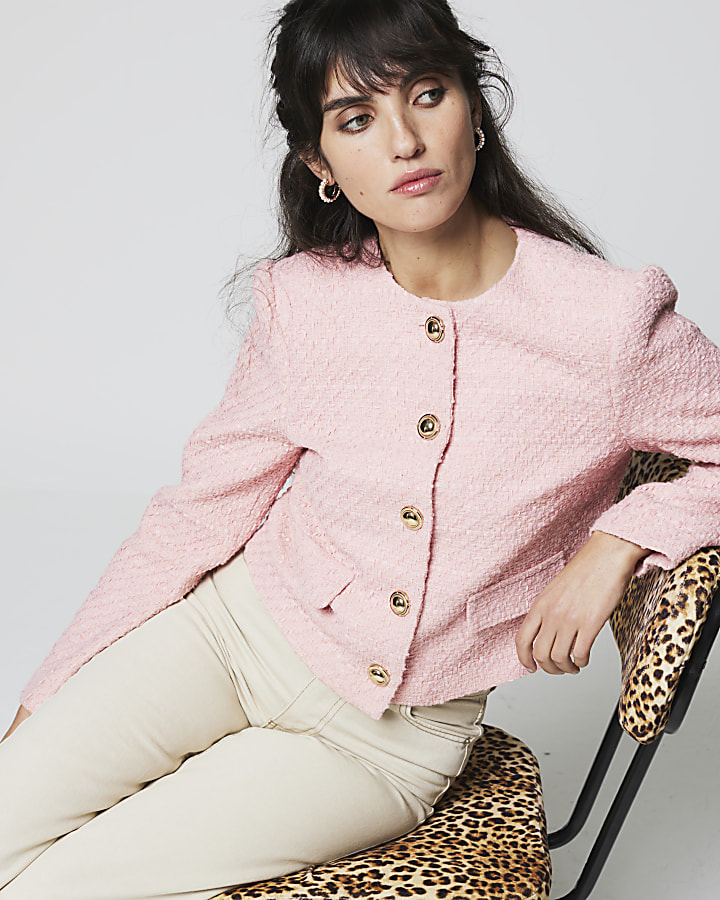 Pink boucle crop trophy jacket