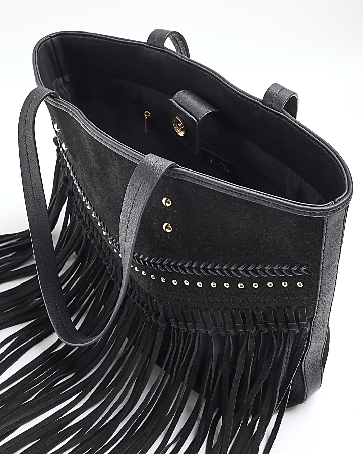 Black leather studded shopper bag