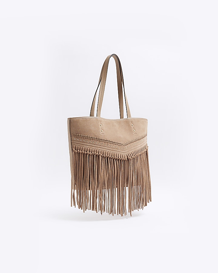 Beige leather studded shopper bag