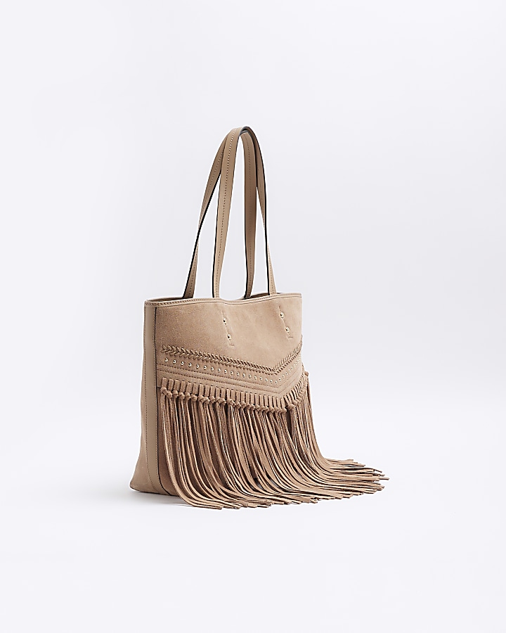 Beige leather studded shopper bag