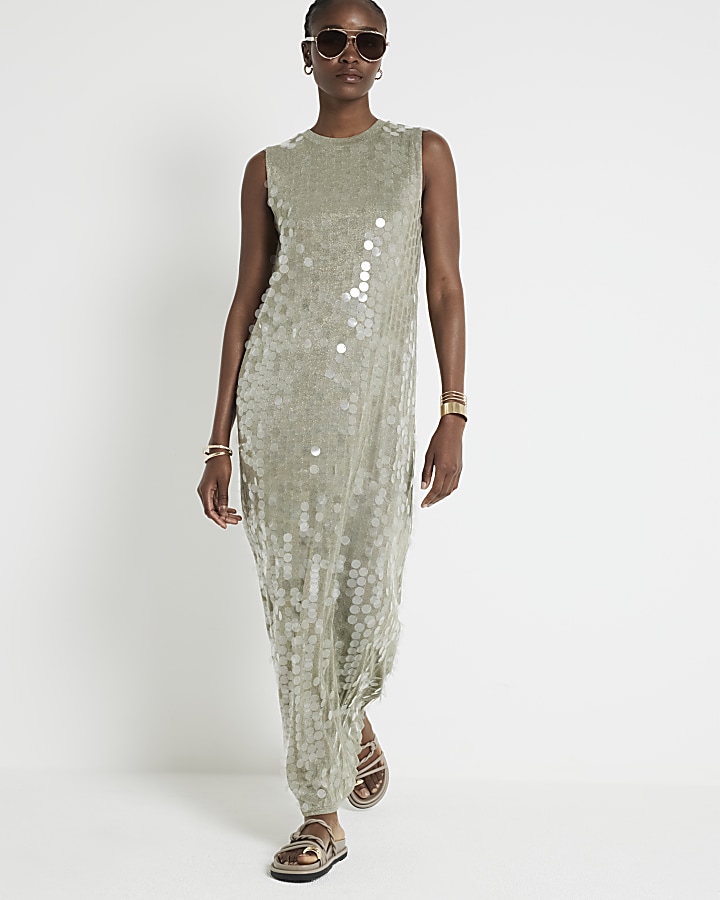 Green sequin bodycon maxi dress River Island