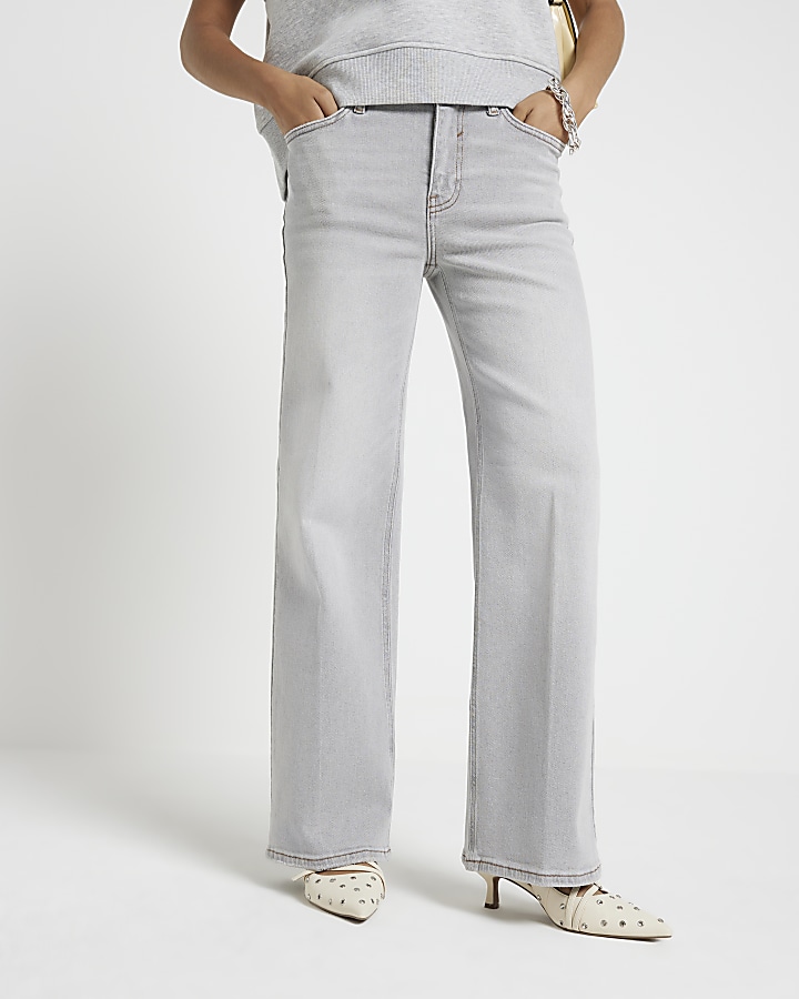 Petite grey mid rise wide leg jeans