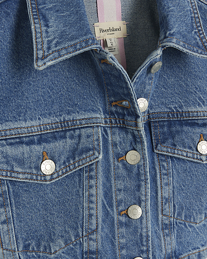 Petite blue button up crop denim jacket