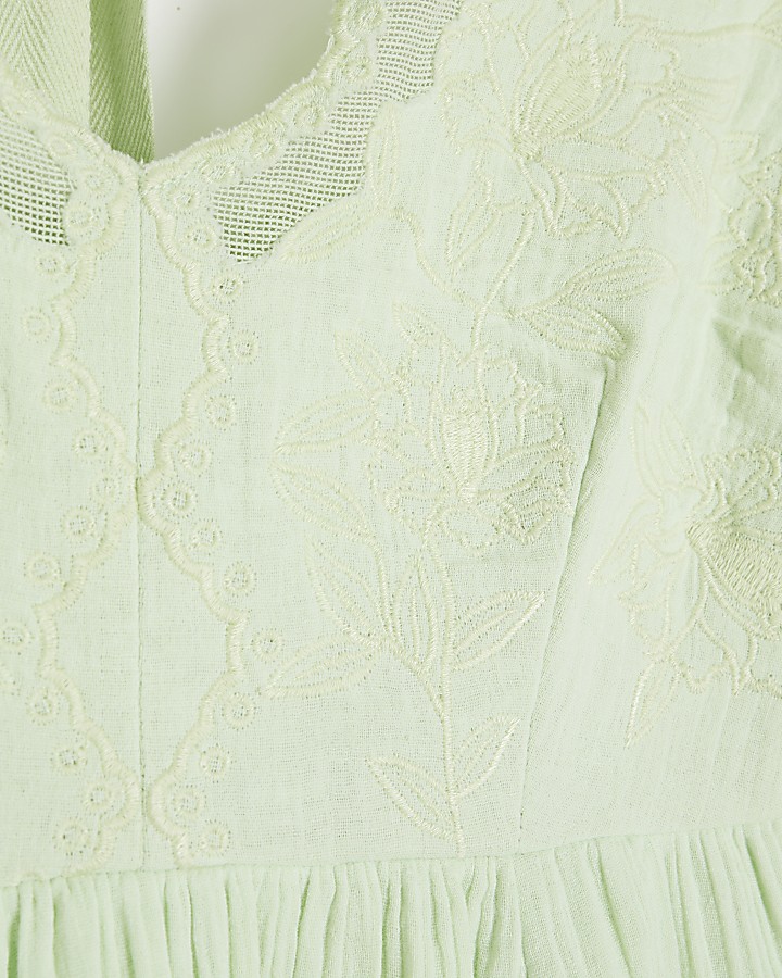 Green embroidered smock mini dress