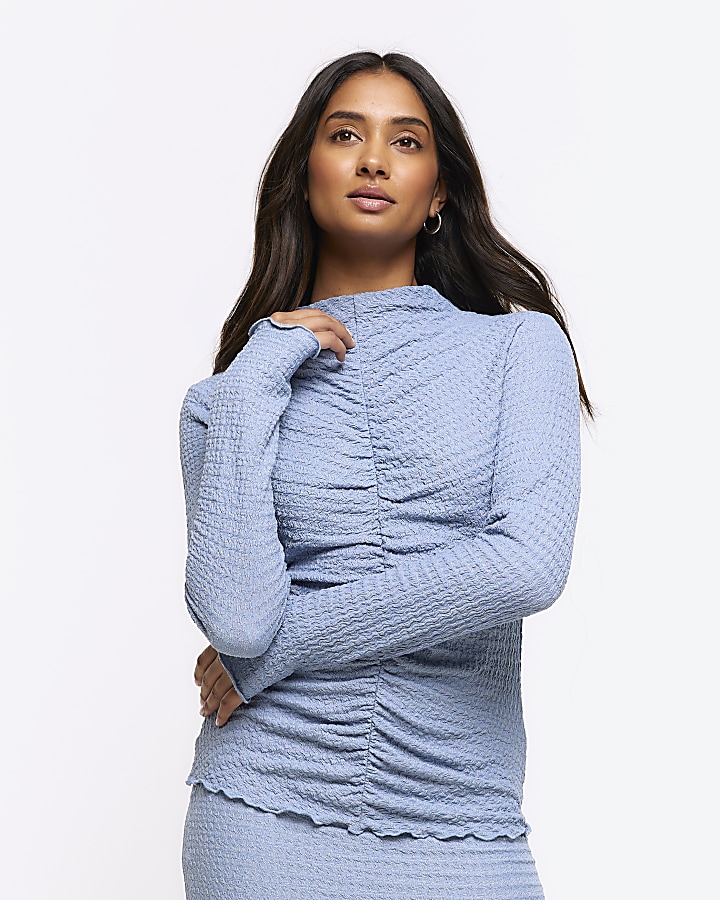 Blue textured ruched long sleeve top