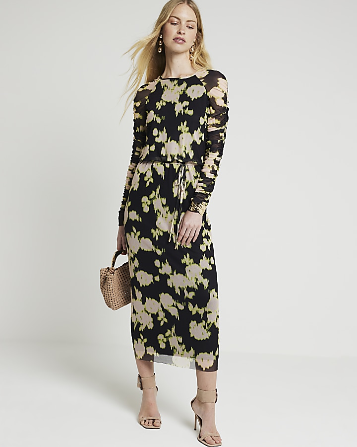 Black floral ruched sleeve bodycon midi dress
