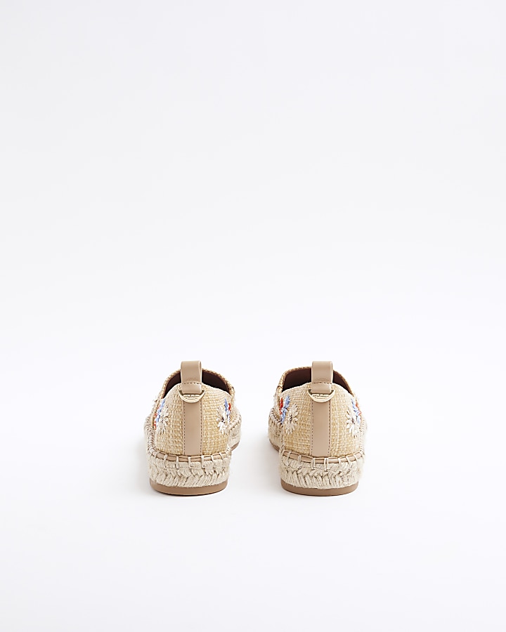 Brown embroidered floral espadrille shoes