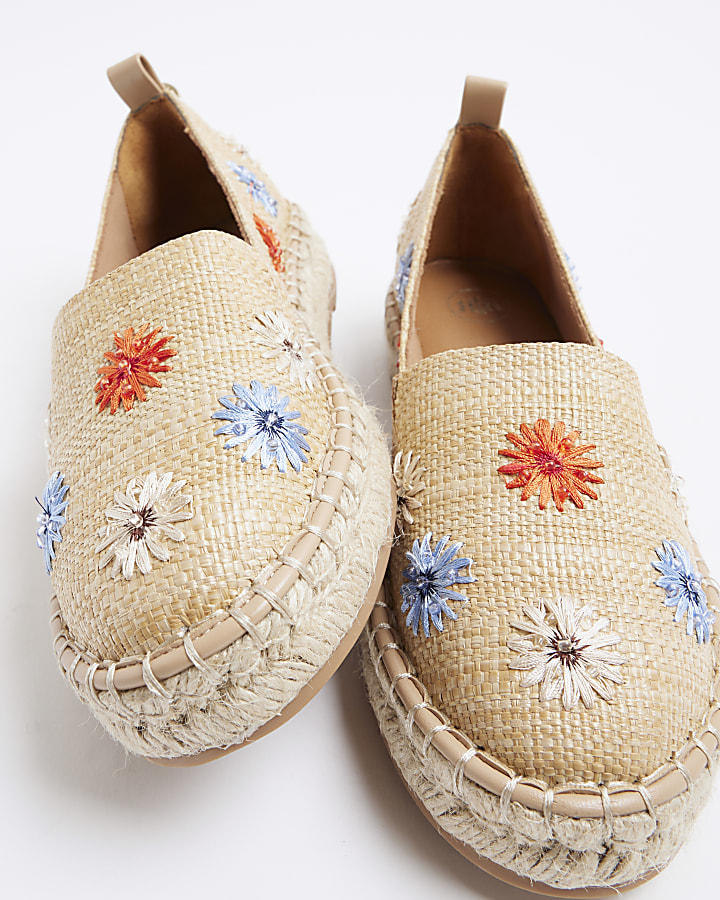Brown embroidered floral espadrille shoes